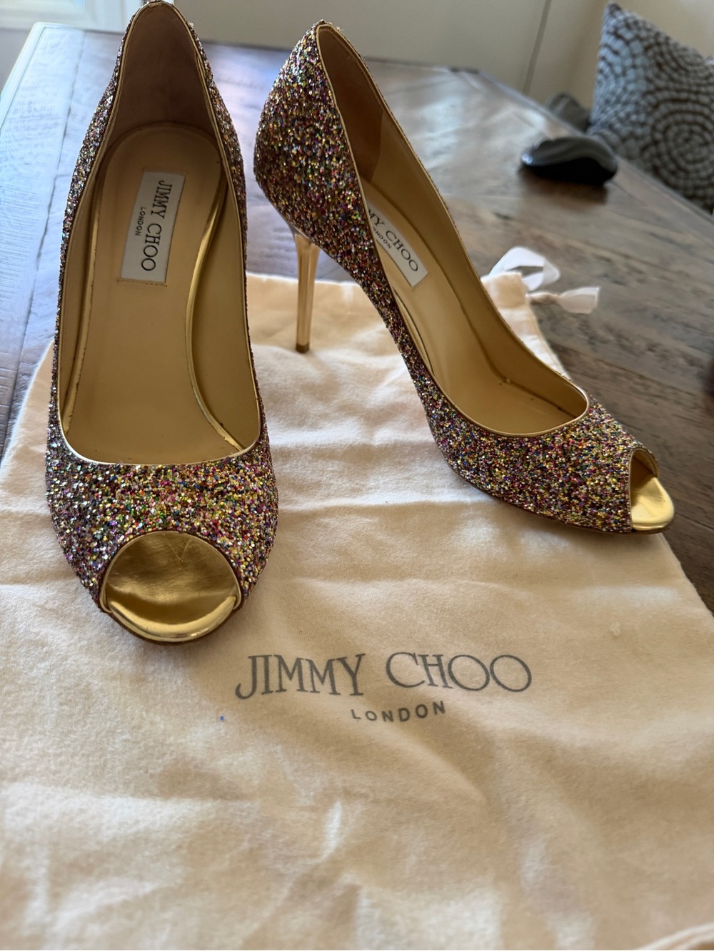 Jimmy Choo Evelyn Multicolor Glitter Peep Toe Gold Heels Shoes Size 39 US 8/8.5
